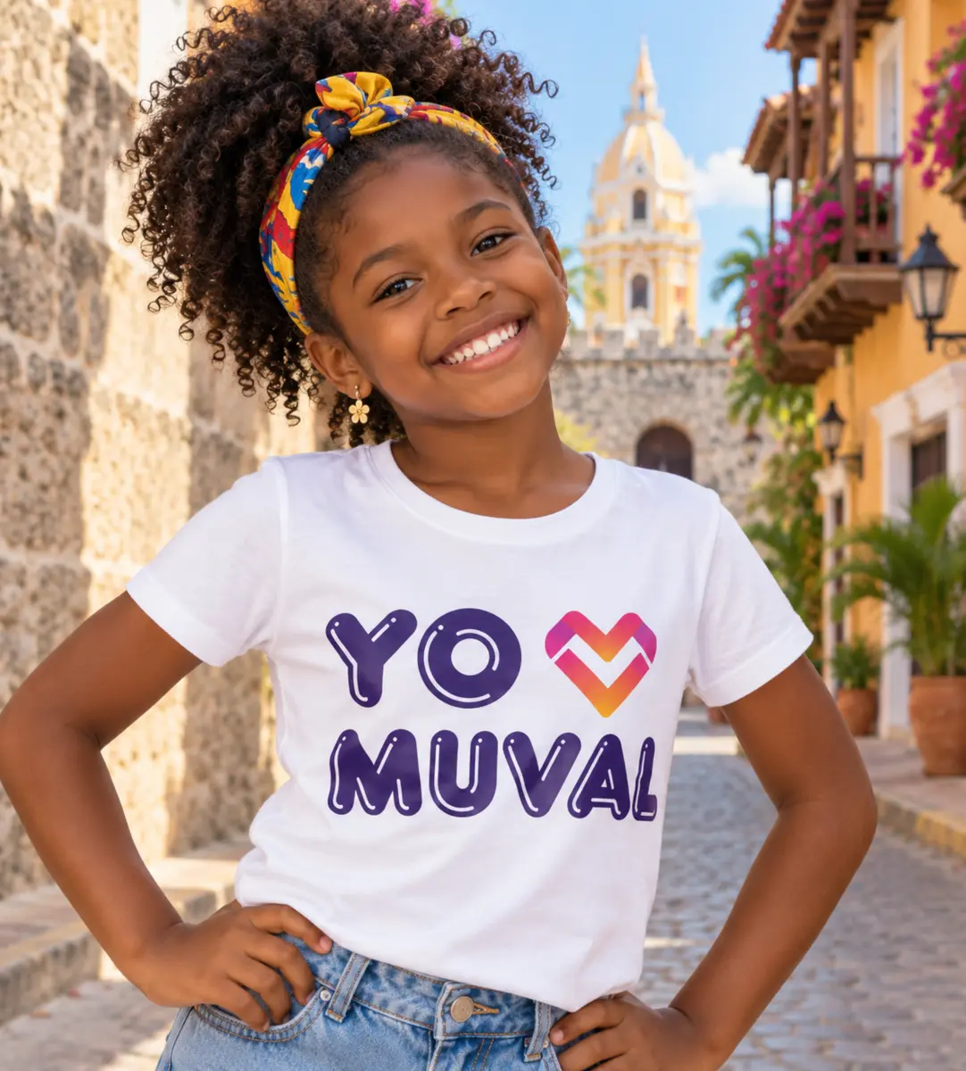 Niña afrocolombiana usando una camiseta MUVAL en Cartagena