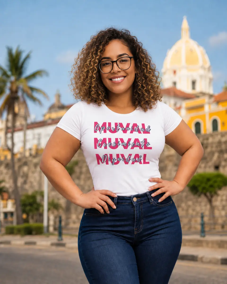 Mujer usando camiseta MUVAL frente a Cartagena